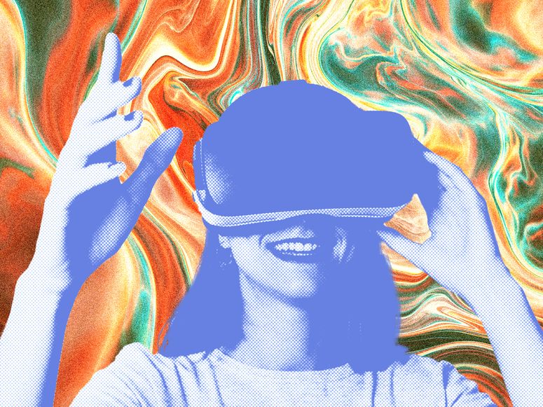 Ilustración fotográfica de una persona divirtiéndose con un casco de realidad virtual sobre un fondo colorido.