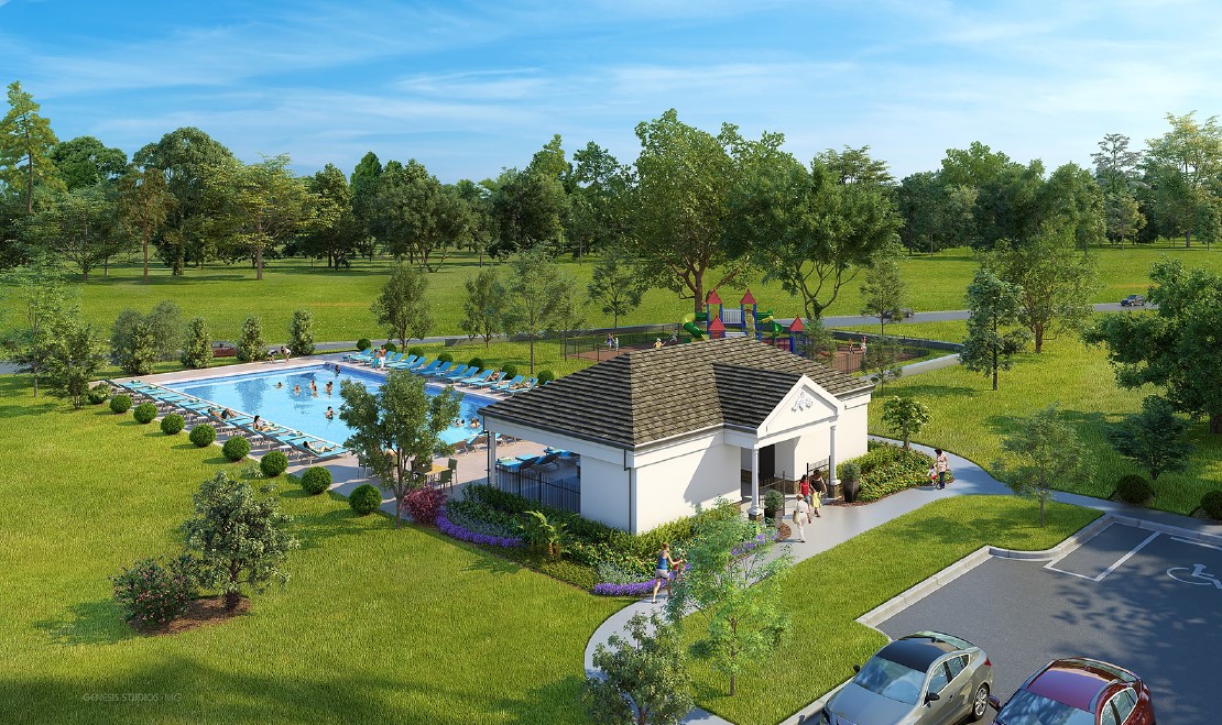 Hanover construye la piscina y el amenidades de la cabaña como este en la mayoría de sus comunidades. (Renderizar cortesía de Hanover Capital Partners)