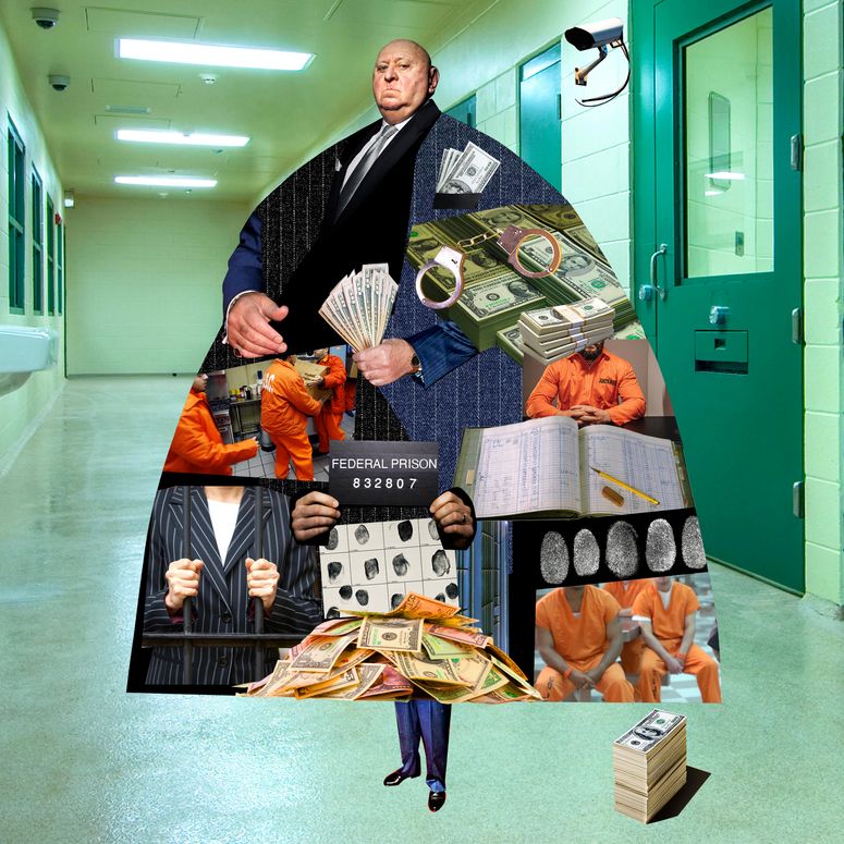 Collage de un asesor de prisiones compuesto por imágenes de prisiones y dinero.