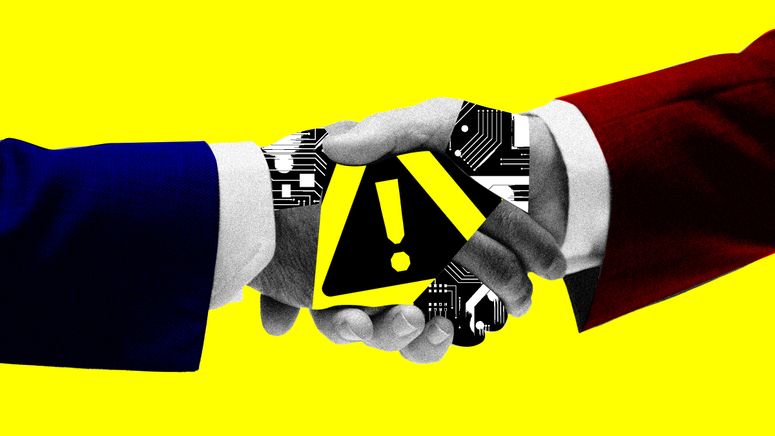 Collage de manos temblorosas con un símbolo de seguridad y textura de chip de computadora. 