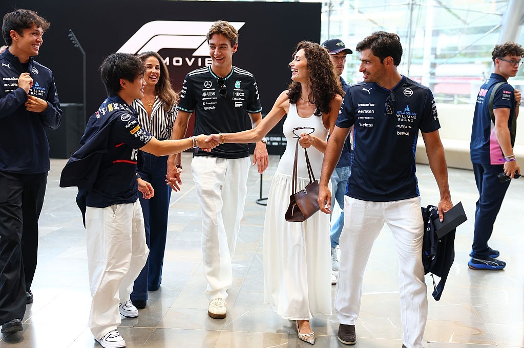 Alex Albon, Williams, Yuki Tsunoda, Red Bull Racing, Montero Mundt, George Russell  Mercedes, Rebecca Donaldson, model, Pierre Gasly, Alpine and Carlos Sainz, Williams, attend the private screening of The F1 movie prior to the Monaco GP