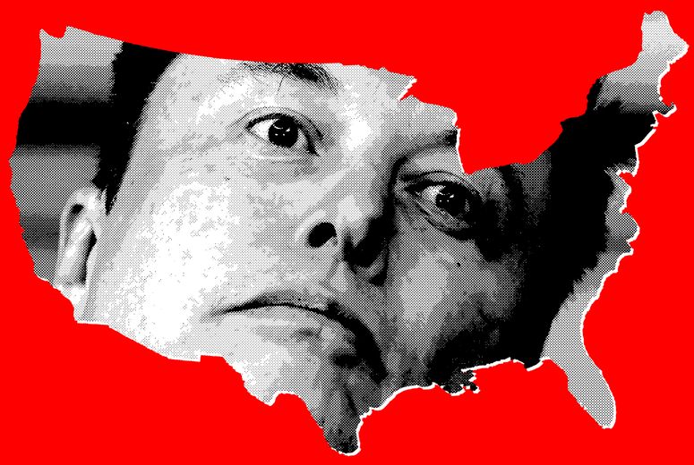 Collage de la cara de Elon Musk dentro de la forma de Estados Unidos