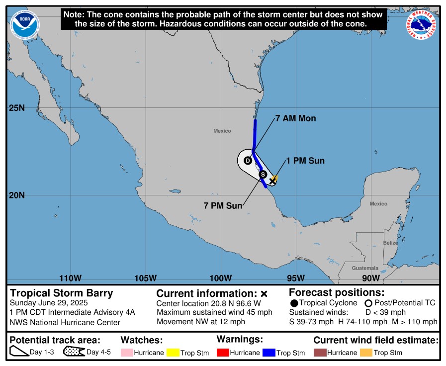 Tormenta tropical Barry Cono de incertidumbre a partir de las 2 de la tarde del domingo 29 de junio de 2025. (NHC)