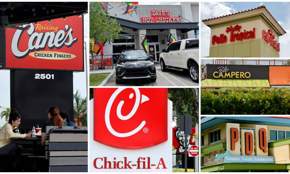 7 restaurantes de pollo agrupados en parte de esta ciudad de Florida. Plumas alzadas.