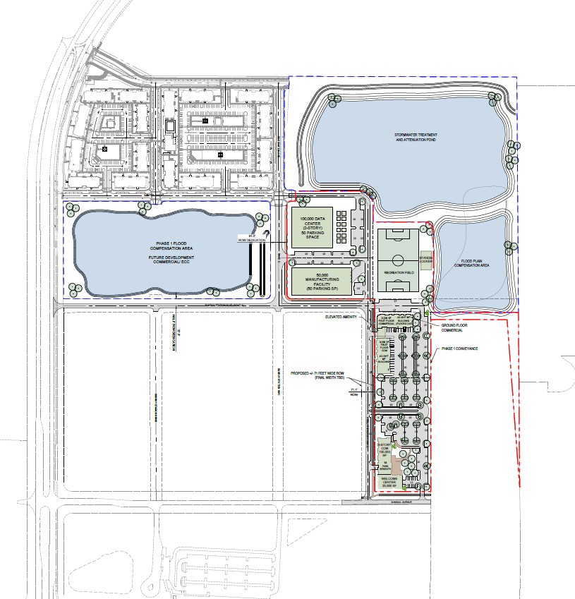 El Plan Maestro de Green Garden Village requiere la nueva sede corporativa de CMG CleanTech, una fábrica de bombas de calor con asistencia solar, un centro de datos y una academia de fútbol. (Plan de sitio de KPM Franklin)