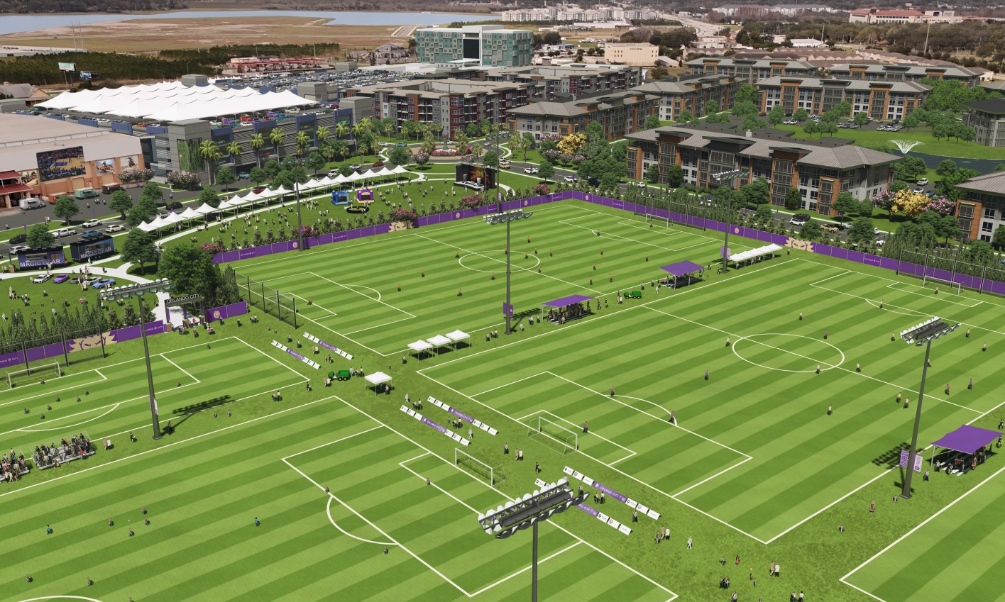 El próximo proyecto daría como resultado más asientos para el estadio del condado de Osceola, una academia de desarrollo y un centro de capacitación y sede ampliada para Orlando City SC y Orlando Pride. El proyecto también incluiría una combinación de hoteles, apartamentos, espacio de consultorio médico, venta minorista y restaurantes. (Renderización de K&K Sports, LLC)