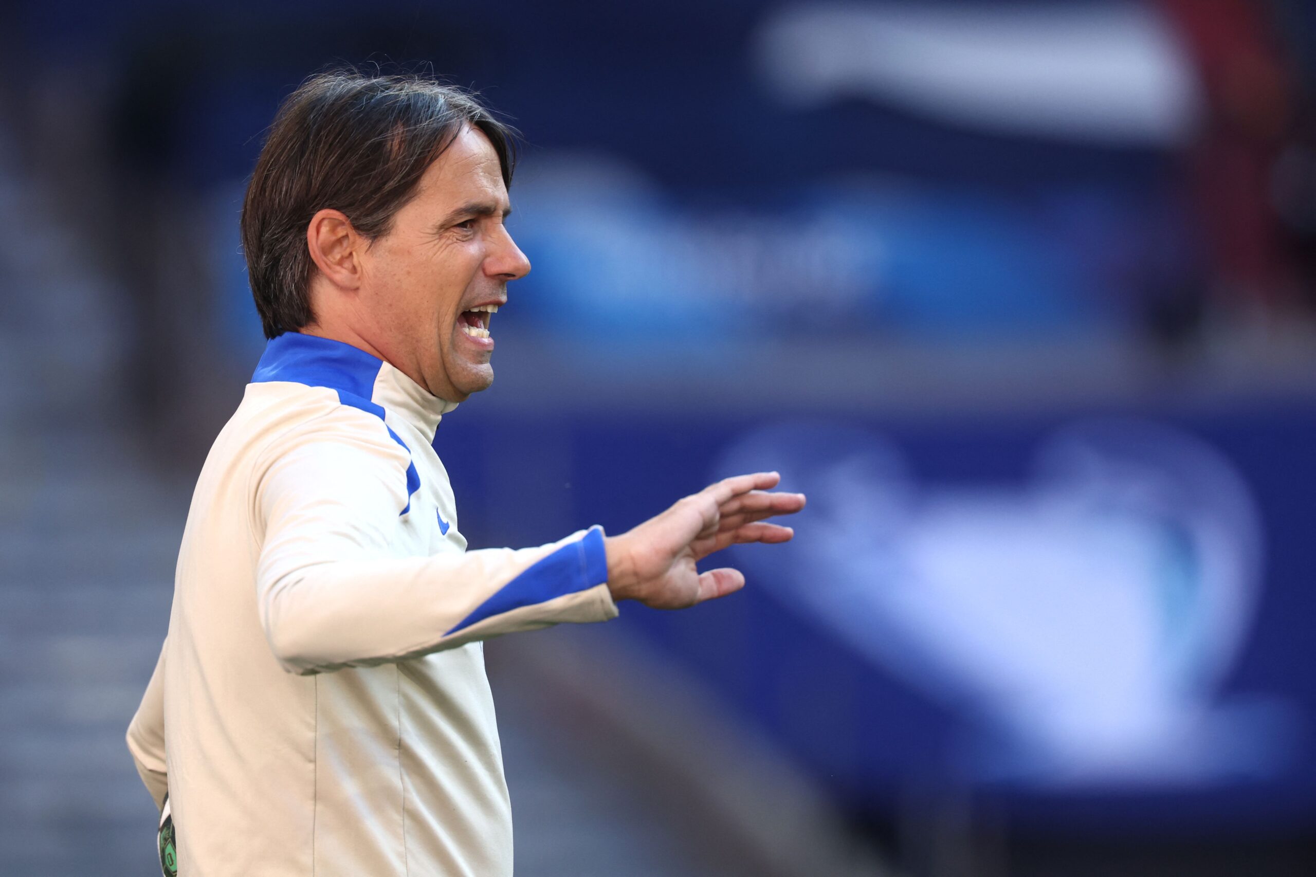 Inter Milan's Italian coach Simone Inzaghi gestures during the MD-1 training session on the eve of the UEFA Champions League final football match between Inter Milan and Paris Saint-Germain (PSG) in Munich, southern Germany, on May 30, 2025. (Photo by FRANCK FIFE / AFP)