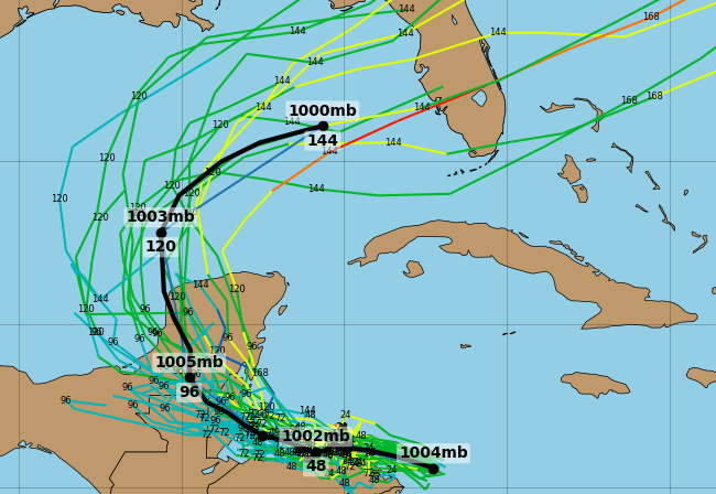 Los modelos de espagueti muestran las posibles pistas de la tormenta tropical Sara, también llamadas 
