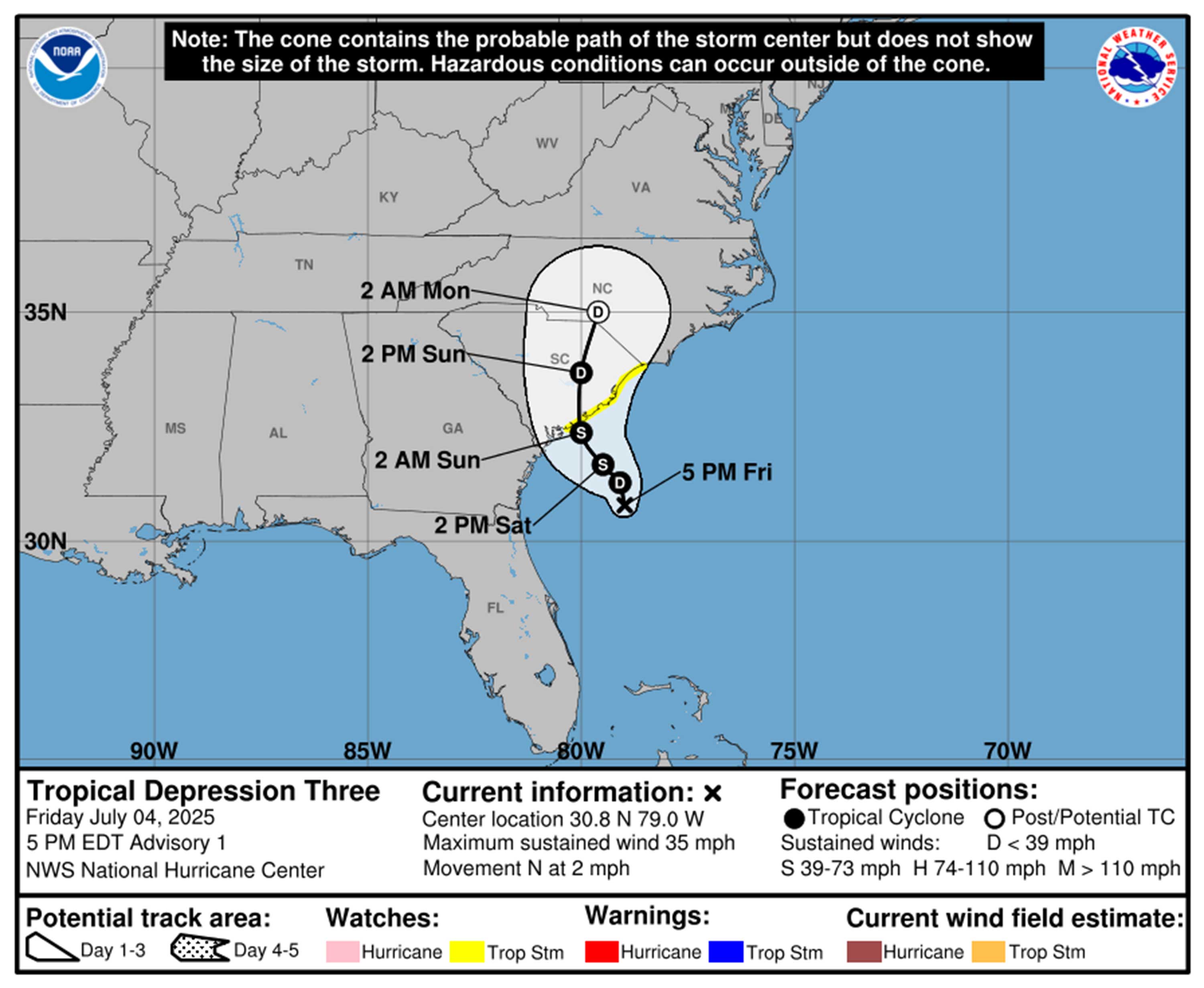 Depresión tropical Tres cono de incertidumbre a partir de las 5 pm Viernes 4 de julio de 2025. (NHC)