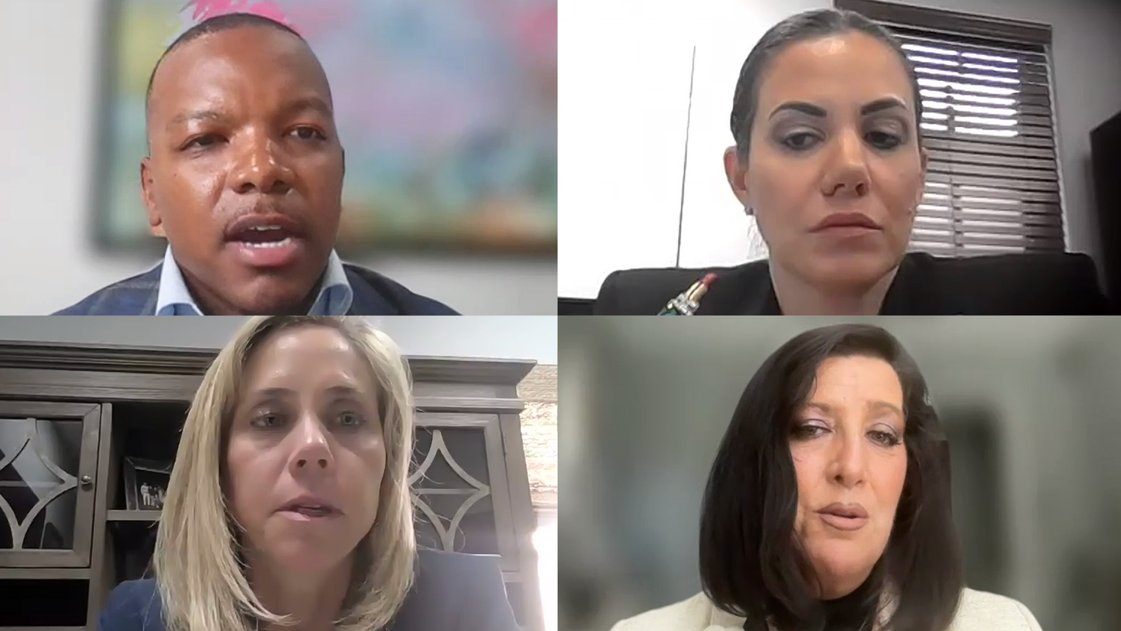 La junta directiva de la Fundación Hope Florida se reunió en zoom el jueves 17 de abril de 2025, a medida que la controversia giraba alrededor de la organización sin fines de lucro. En la foto, en sentido horario desde la parte superior izquierda, se encuentran el presidente de la mesa Joshua Hay, Tina Vidal-Duart, Wendy Nissan y Stephanie White. (Lugar de trabajo de Zoom)