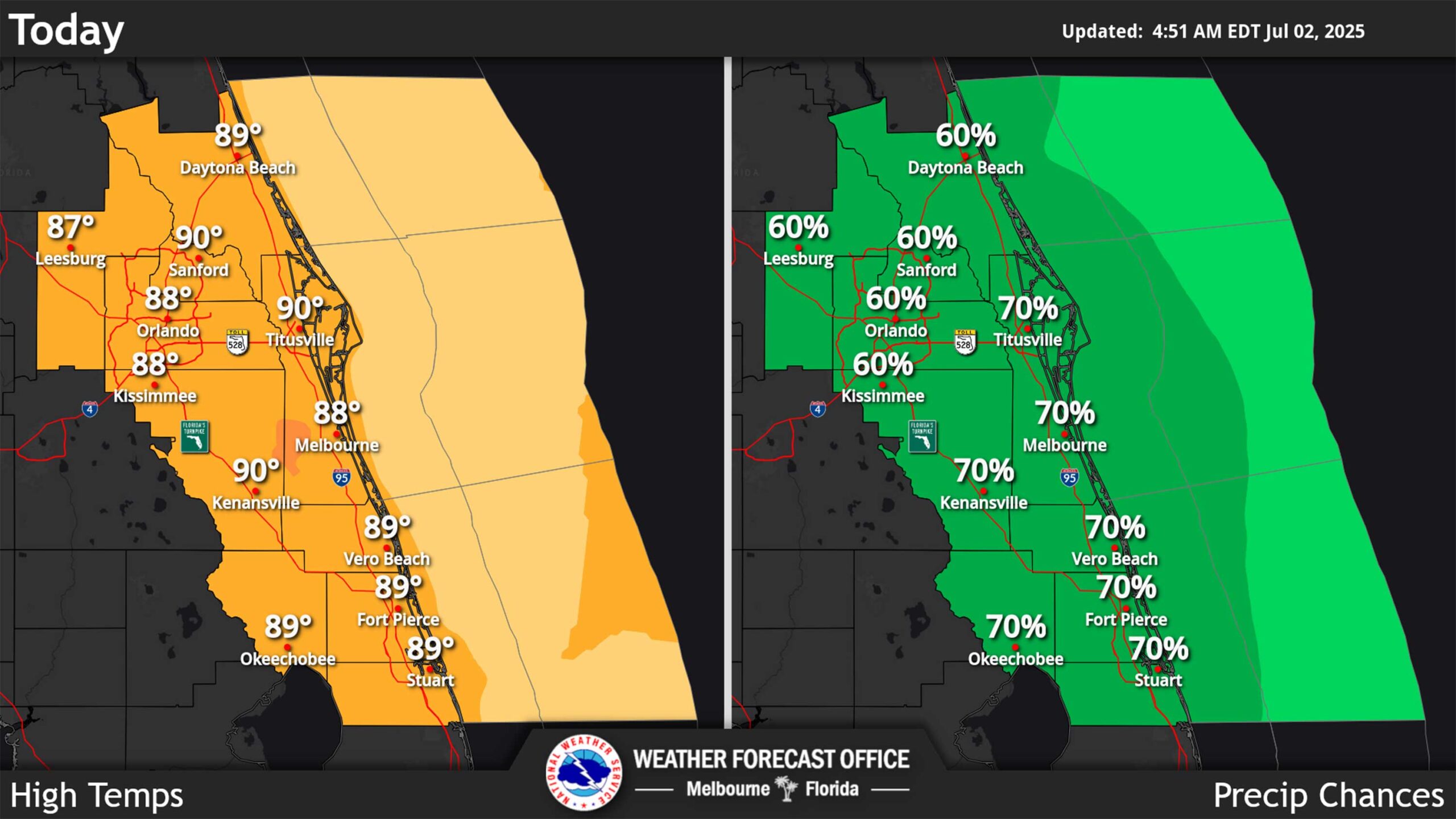 Clima de Florida Central para el miércoles 2 de julio de 2025 (NWS)