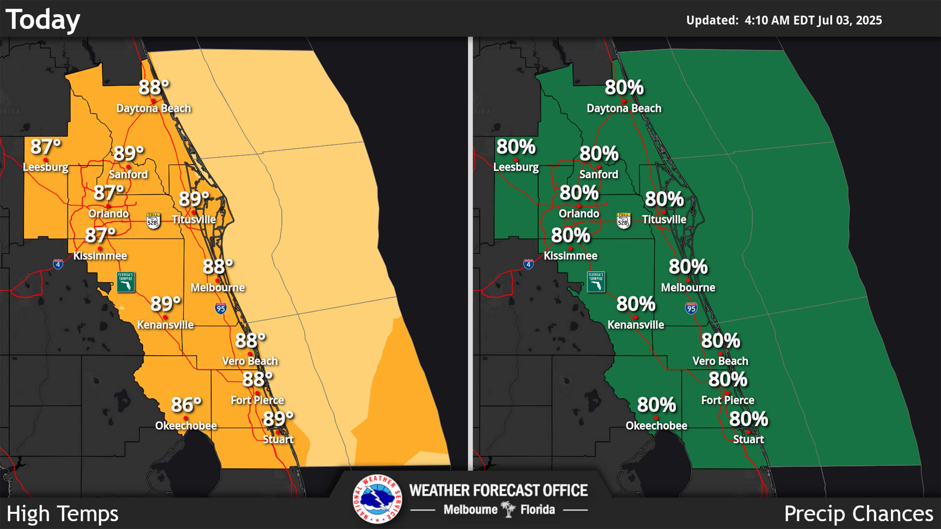 Clima de Florida Central para el jueves 3 de julio de 2025. (NWS)