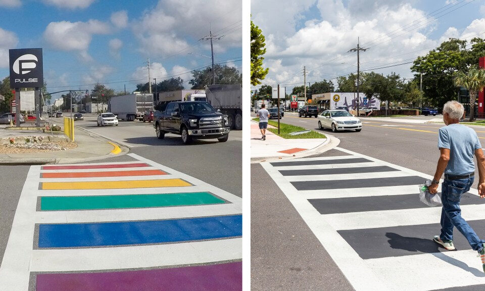Rainbow Croswalk fuera del club nocturno de pulso retirado durante la noche