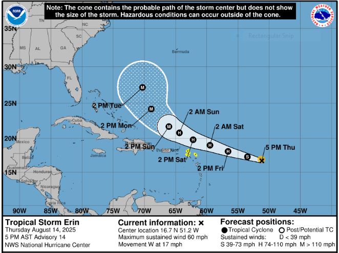 Tormenta tropical Erin Cono de incertidumbre a partir de las 5 pm Jueves 14 de agosto de 2025. (NHC)