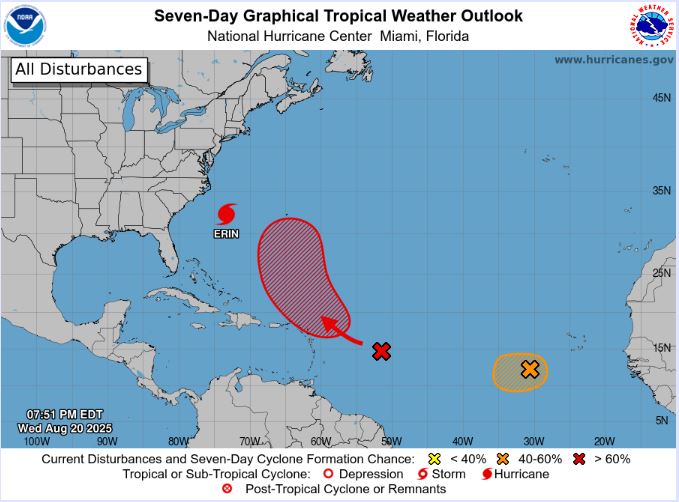 The Tropical Outlook a partir de las 8 pm Miércoles 20 de agosto de 2025. (NHC)
