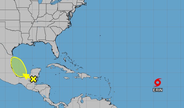 La cuenca del Atlántico ahora contiene dos sistemas, la tormenta tropical Erin en el Atlántico, y una perturbación en el Golfo Occidental cerca de Honduras y Nicaragua que tiene solo un 10% de posibilidades de desarrollar. (NHC)