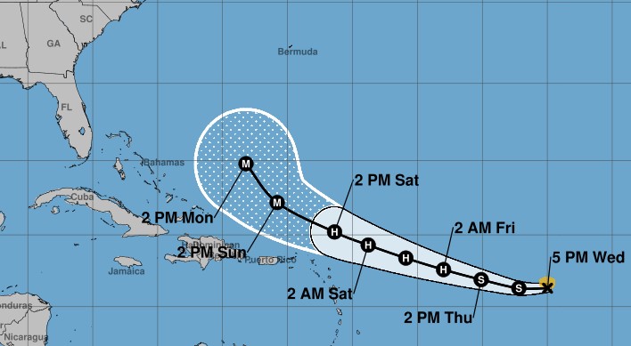Tormenta tropical de la pista de Erin a partir de las 5 pm, miércoles 13 de agosto de 2025. (Cortesía de NHC)