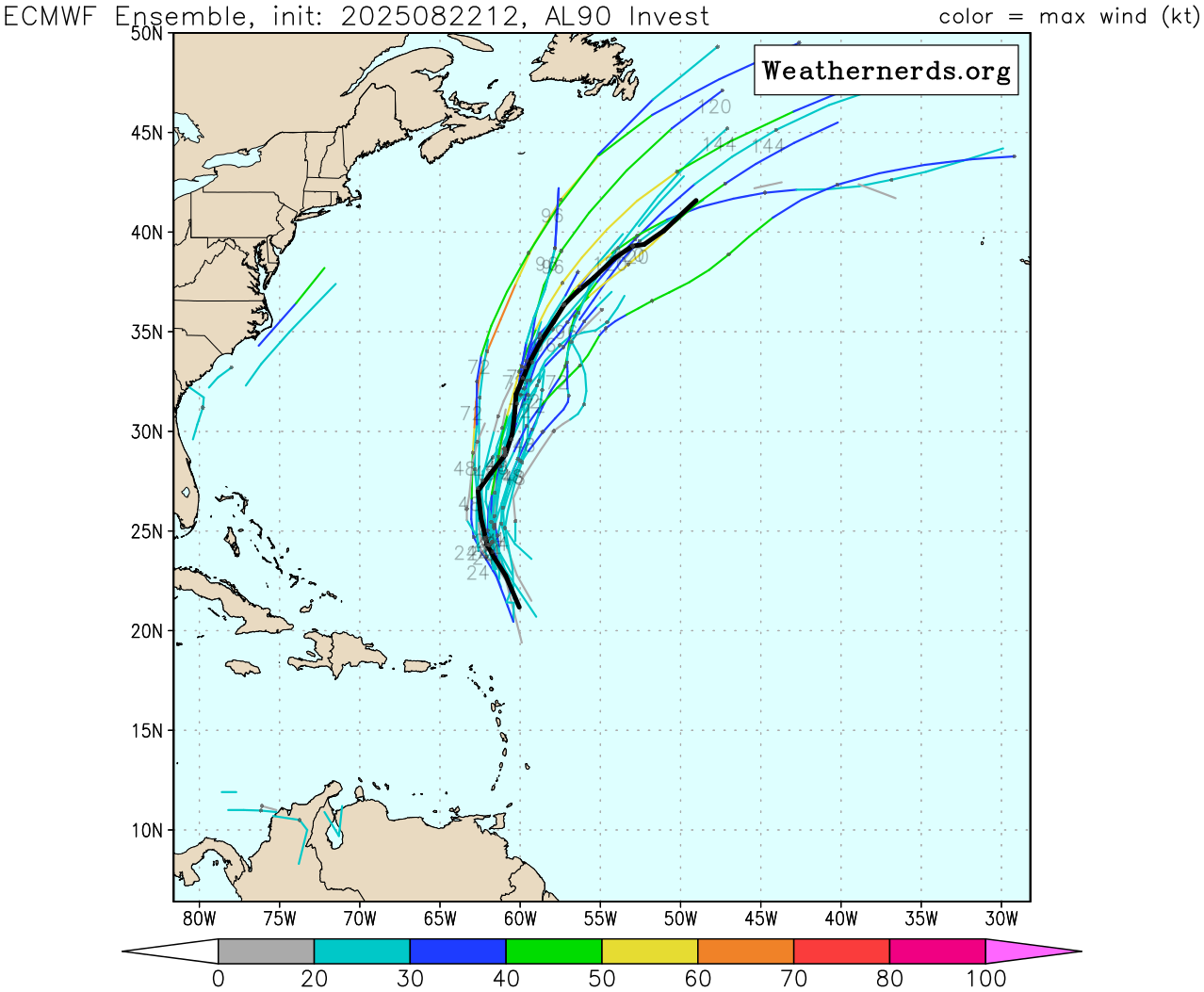 Los modelos de espagueti muestran una ola tropical, conocida como Invest 90, potencialmente desarrollando y probablemente el camino del huracán Erin hacia el mar. (Weathernerds.org/courtesy)