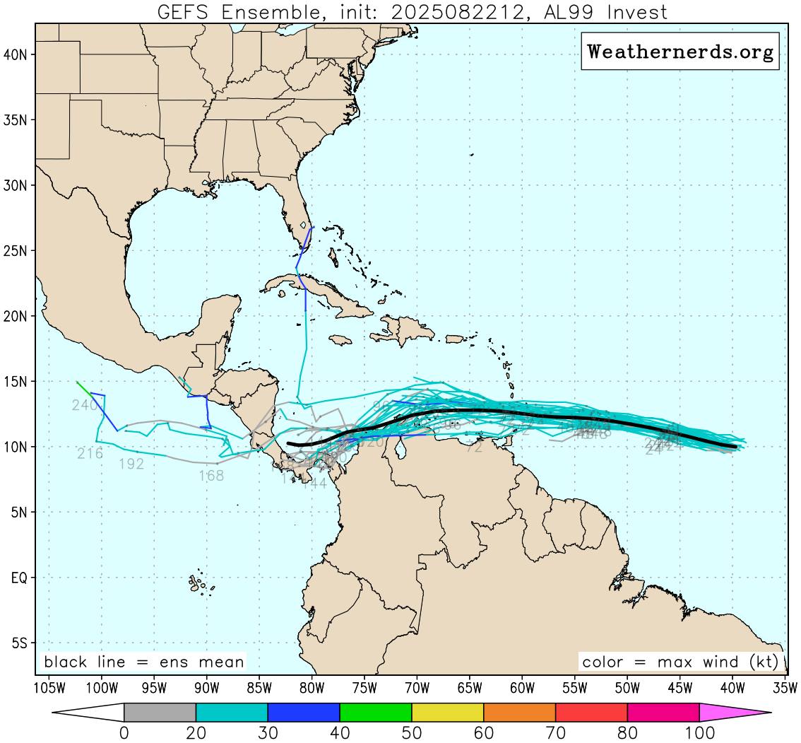 Los modelos de espagueti muestran una ola tropical, conocida como Invest 99, con una baja posibilidad de desarrollar y moverse a través del sur del Mar Caribe. (Weathernerds.org/courtesy)