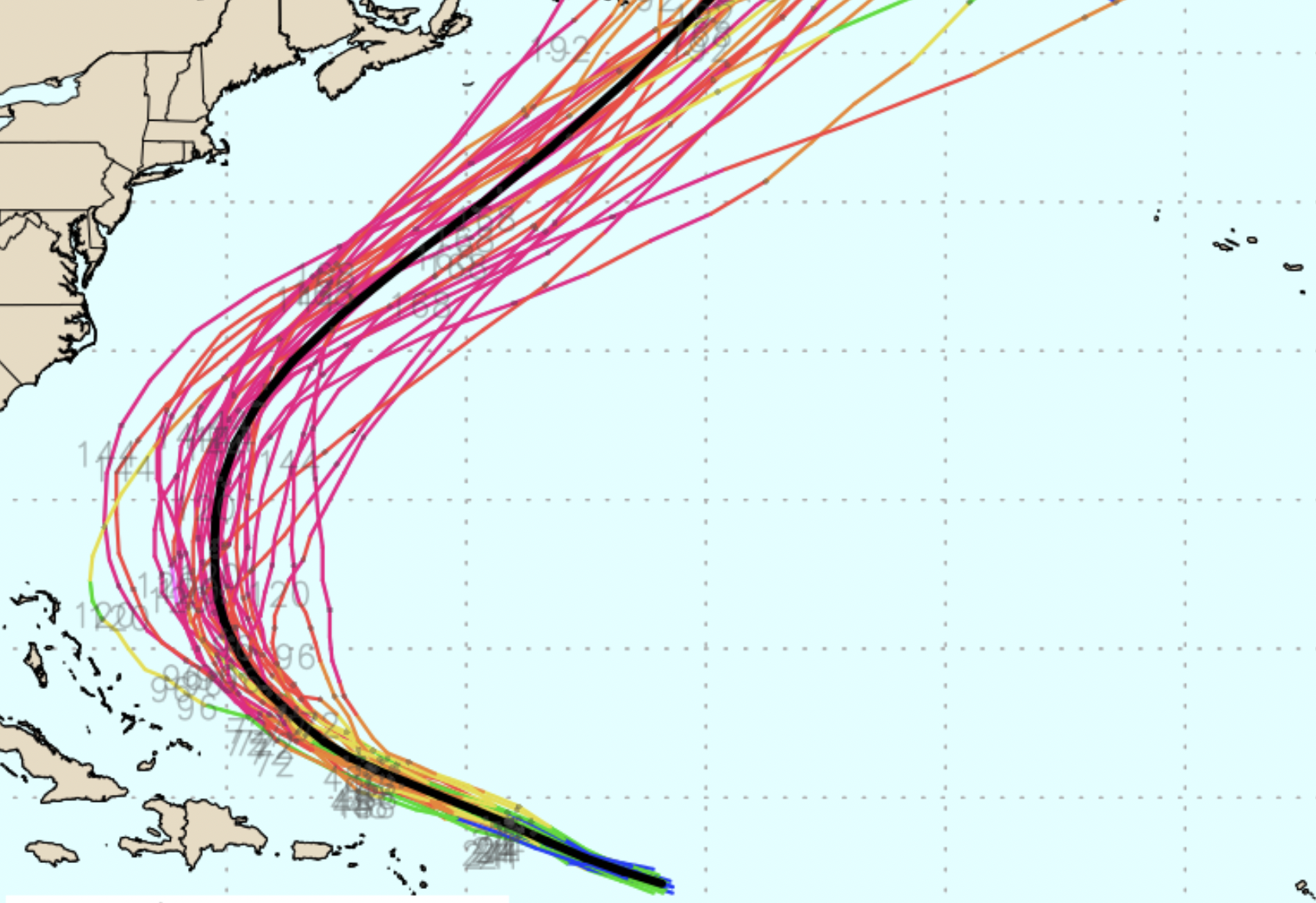 Los modelos de pronóstico para la tormenta tropical Erin muestran constantemente un giro de la costa de los Estados Unidos, justo al norte de las Bahamas.