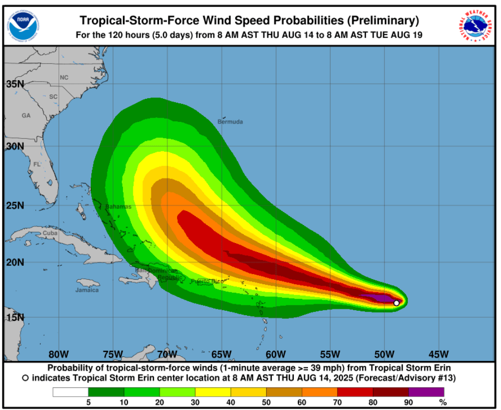 El potencial eólico para la tormenta tropical Erin se proyectó a partir de las 8 de la mañana del jueves 14 de agosto de 2025. (NHC)