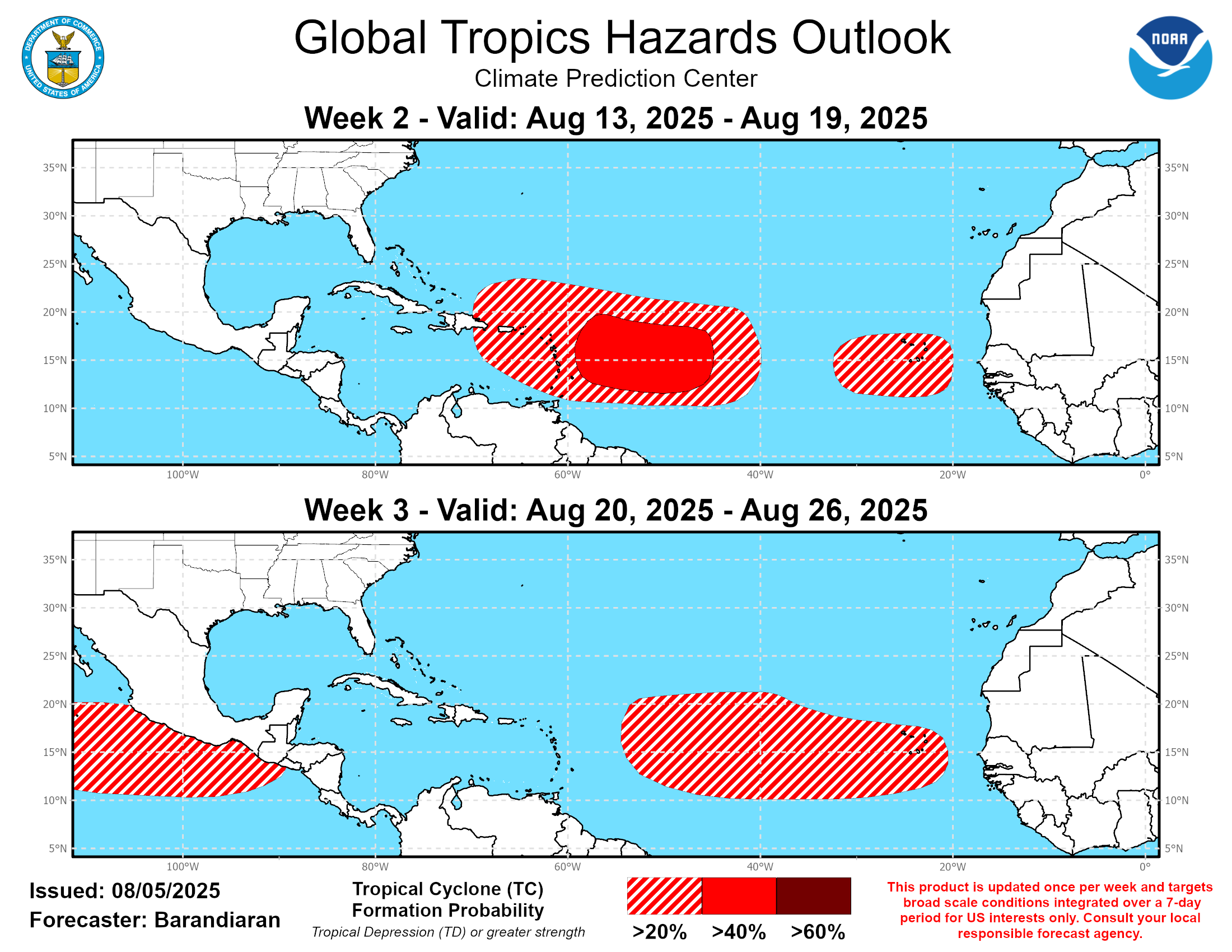 El mapa de la perspectiva de riesgos tropicales de NOAA muestra una posibilidad moderada de una tormenta tropical o huracán en el Atlántico central y una segunda ola tropical detrás de él para la segunda mitad de agosto. (NOAA)