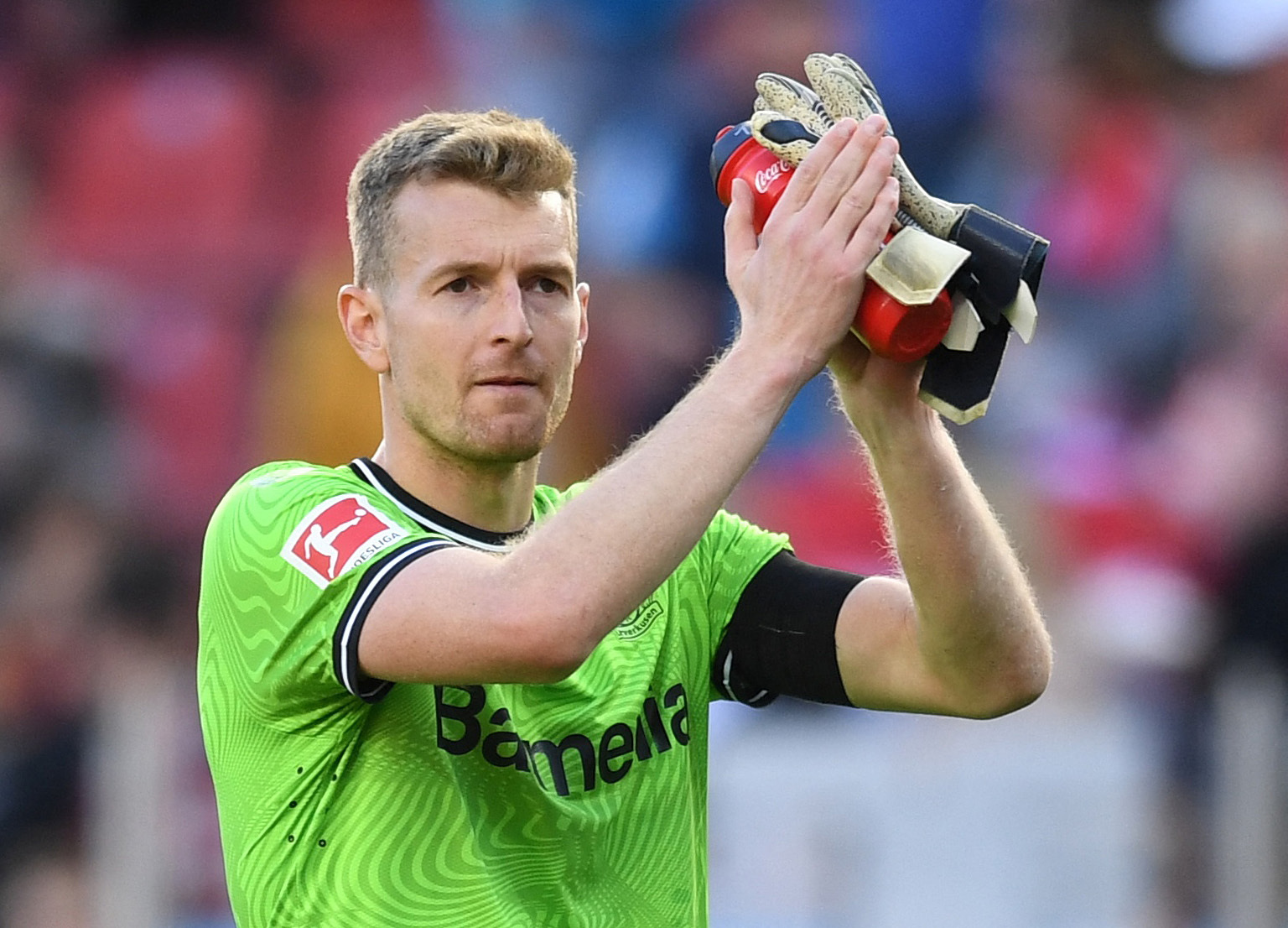 Soccer Football - Bundesliga - Bayer Leverkusen v 1. FC Heidenheim - BayArena, Leverkusen, Germany - September 24, 2023 Bayer Leverkusen's Lukas Hradecky celebrates after the match REUTERS/Edith Geuppert DFL REGULATIONS PROHIBIT ANY USE OF PHOTOGRAPHS AS IMAGE SEQUENCES AND/OR QUASI-VIDEO.