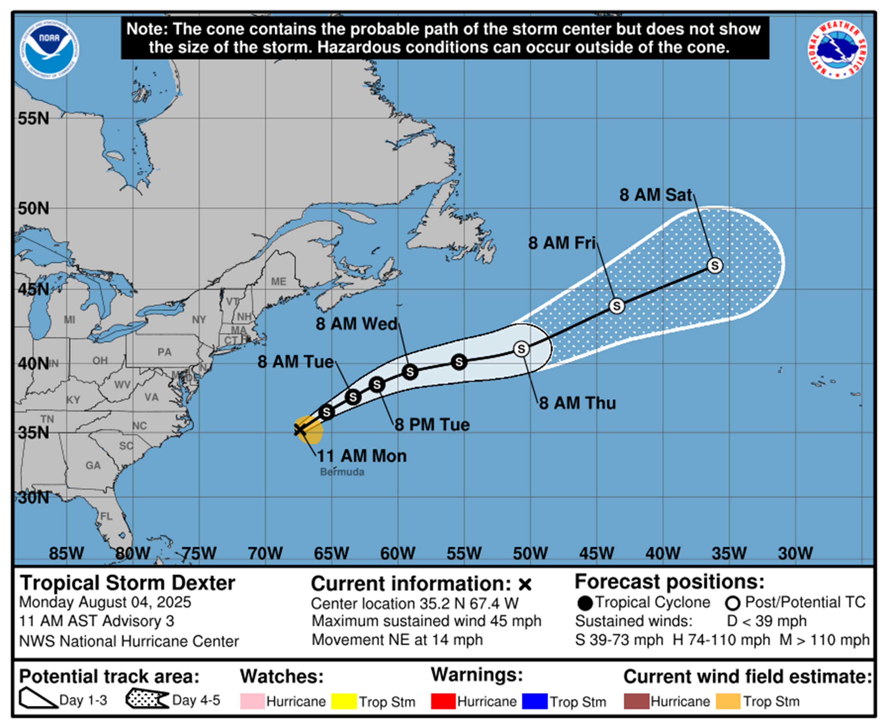 Tormenta tropical Dexter Previsión de la ruta a partir de las 11 am del lunes 4 de agosto de 2025. (NHC)