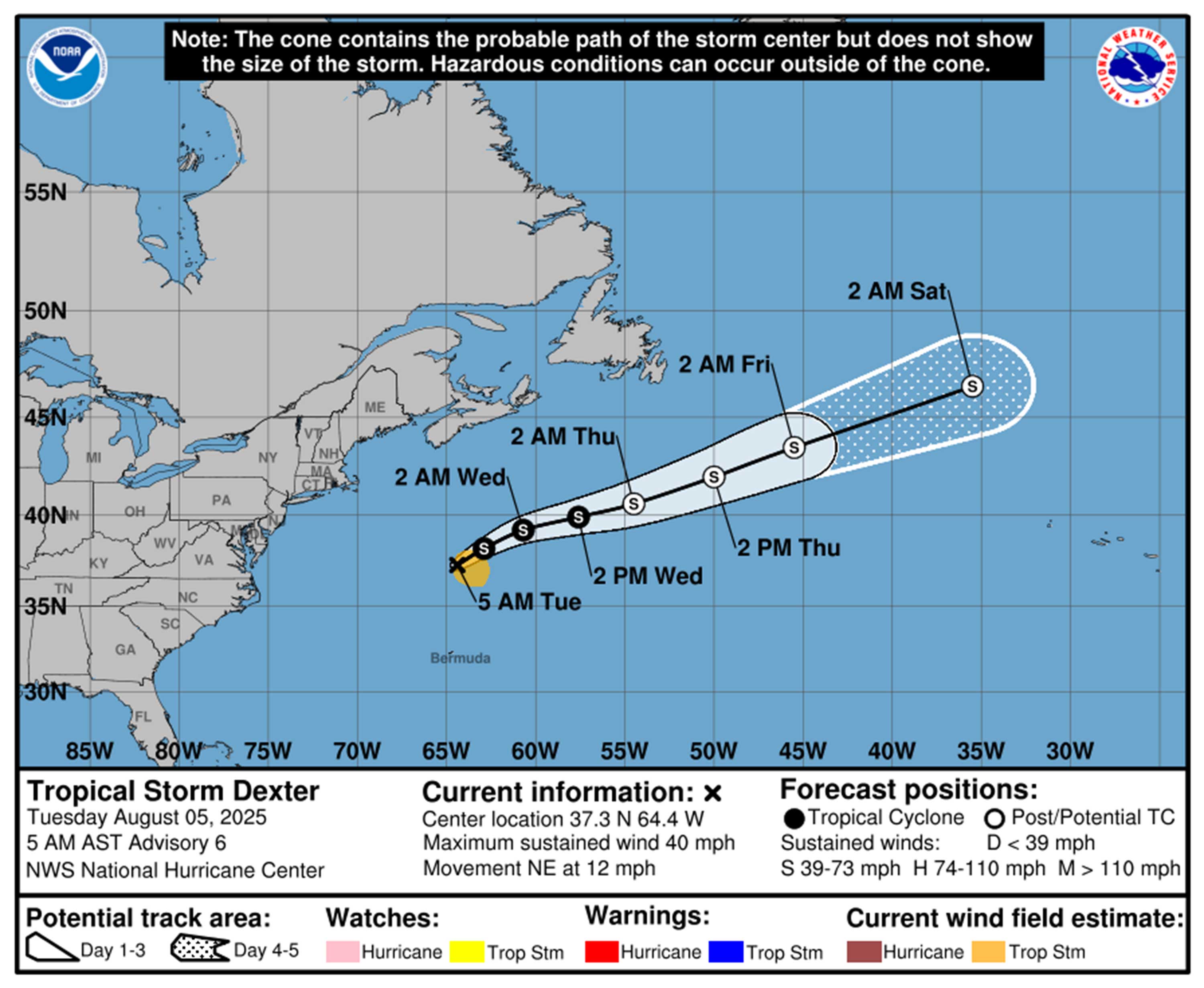 Tormenta tropical Dexter Previsión de la ruta de las 11 a.m. del martes 5 de agosto de 2025. (NHC)