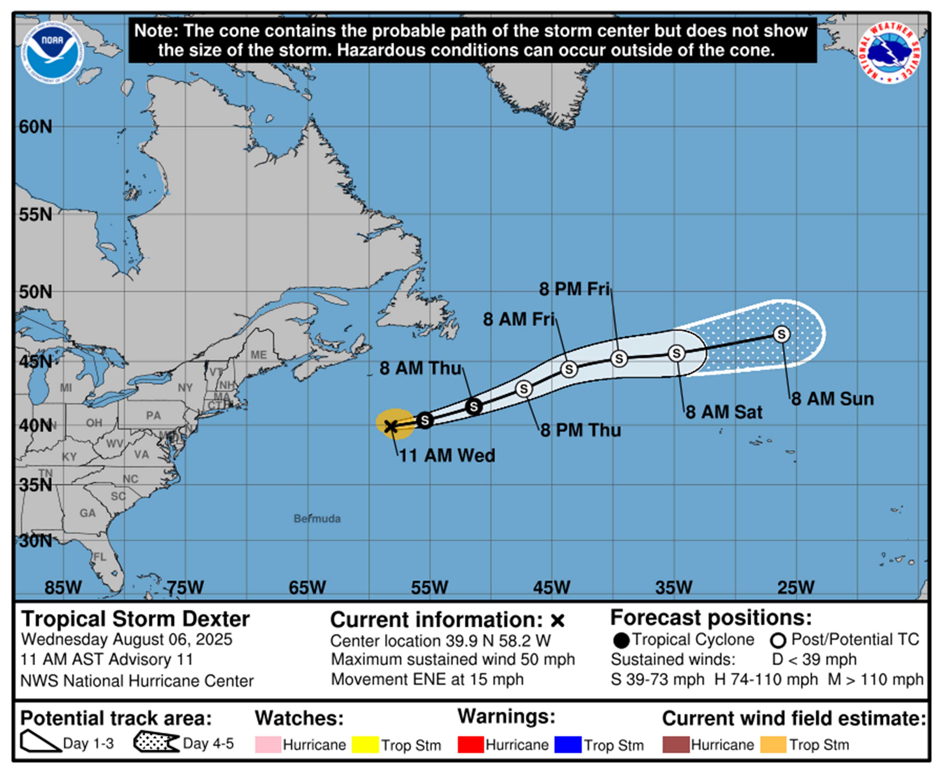 Tormenta tropical Dexter Previsión de la ruta de las 11 am miércoles 6 de agosto de 2025. (NHC)