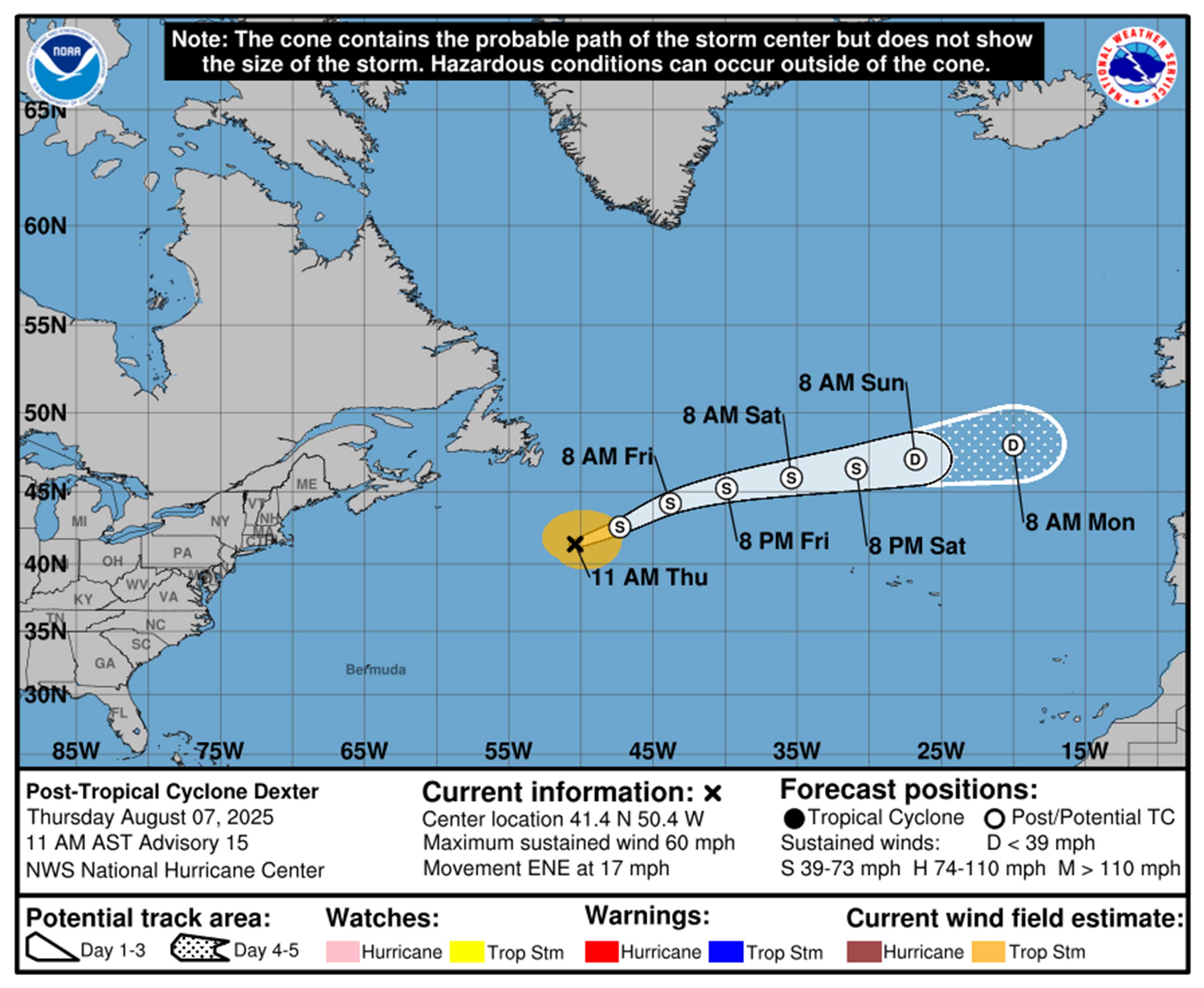 Cyclone Pospical Cyclone Dexter Pronóstico a partir de las 11 de la mañana del jueves 7 de agosto de 2025. (NHC)
