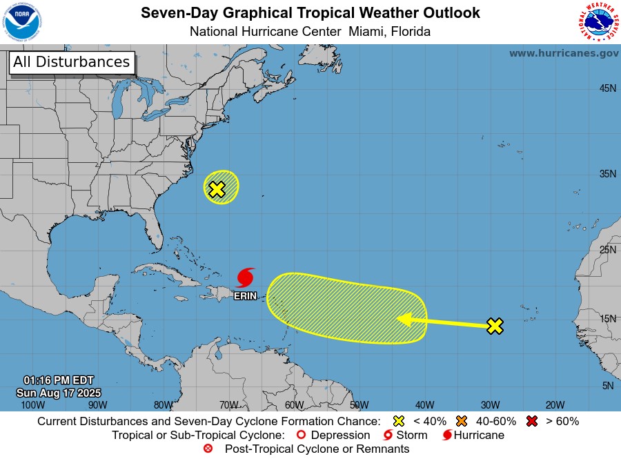 Huracán Erin a partir de la actualización de la 1 pm. (NHC)