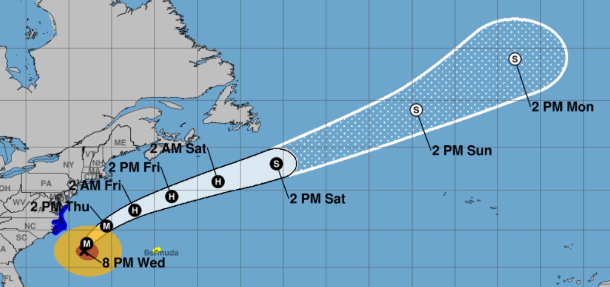 El camino de pronóstico del huracán Erin a partir de las 8 pm Miércoles 20 de agosto de 2025. (Centro nacional de huracanes/cortesía)