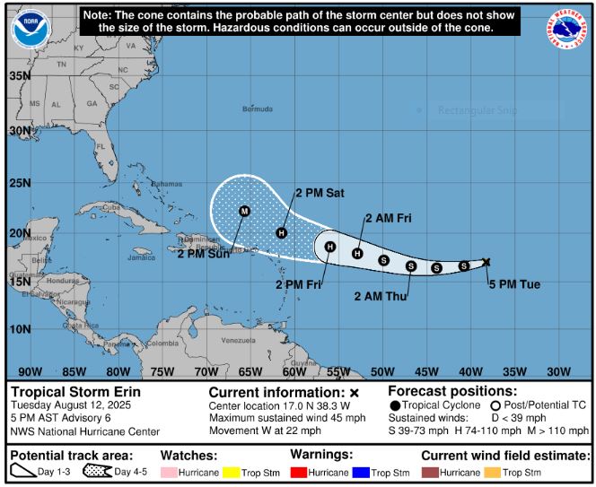 Tormenta tropical Erin Cono de incertidumbre a partir de las 5 pm Martes, 12 de agosto de 2025. (NHC)