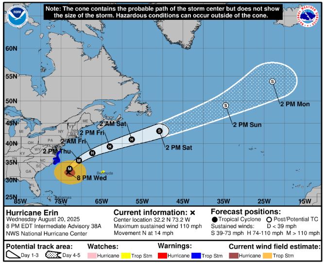 La ruta de pronóstico del huracán Erin a partir de las 8 pm Miércoles 20 de agosto de 2025. (NHC)