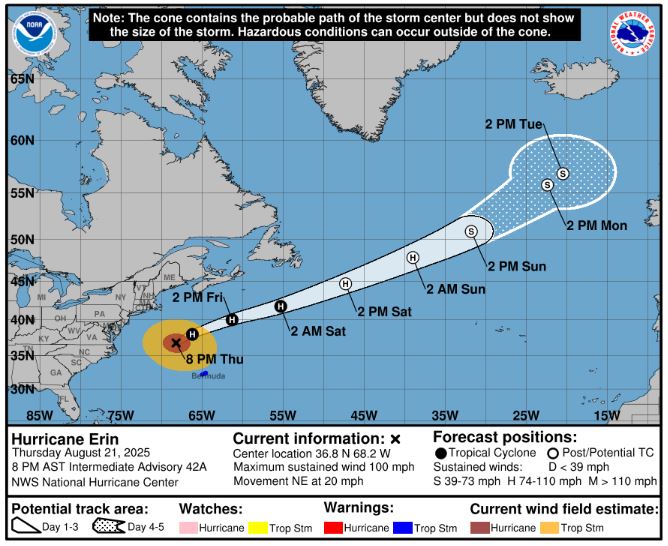 El camino de pronóstico del huracán Erin a partir de las 8 pm del jueves 21 de agosto de 2025.