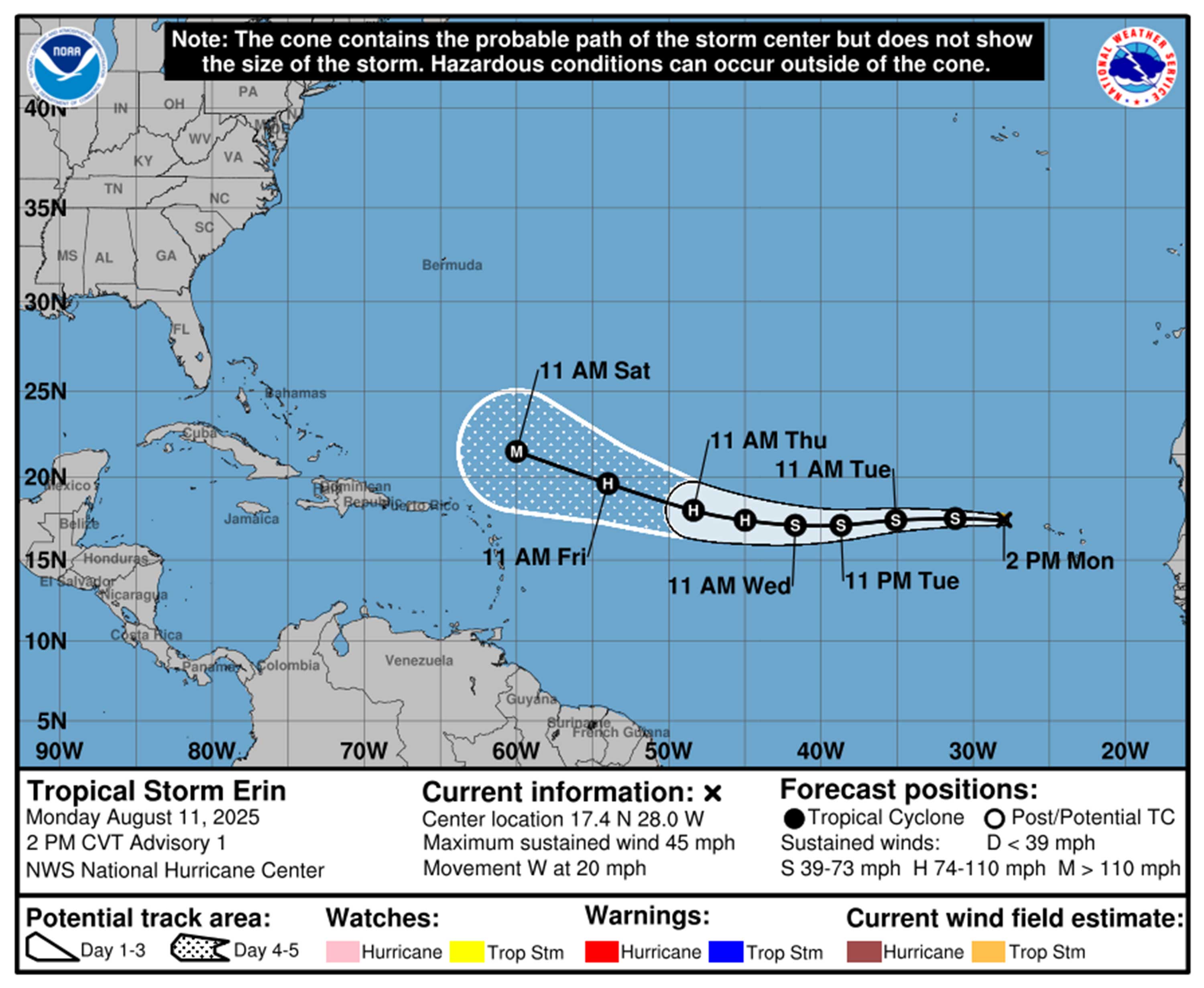 Tormenta tropical Erin Cono de incertidumbre a partir de las 5 pm Lunes 11 de agosto de 2025. (NHC)