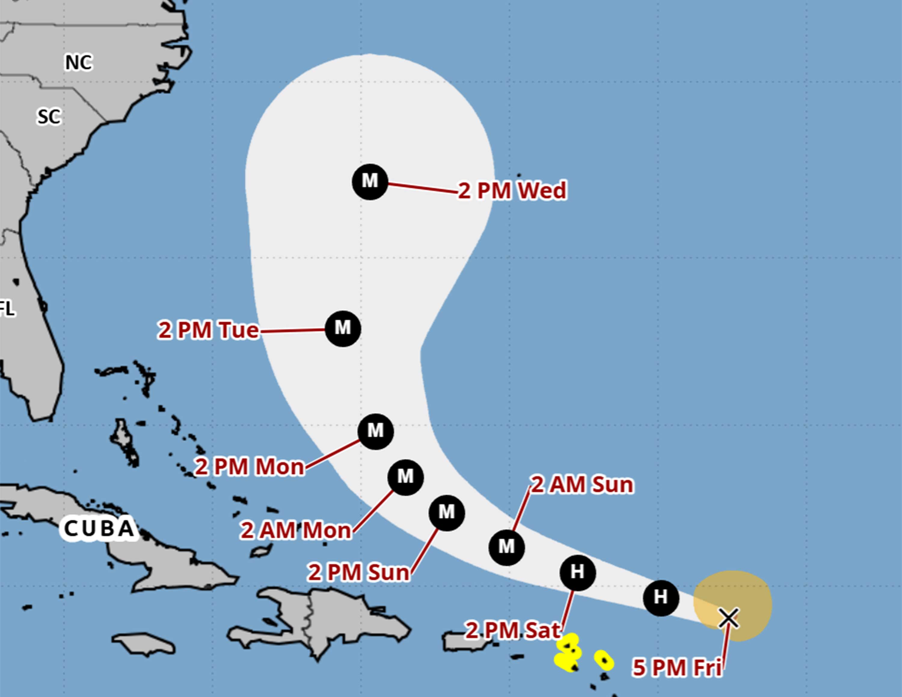 La ruta de pronóstico para el huracán Erin a partir de las 5 pm del viernes 15 de agosto de 2025. (NHC)
