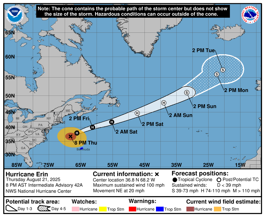 El cono de pronóstico para el huracán Erin a partir de las 8 pm del jueves. (Centro Nacional de Huracanes/Cortesía)