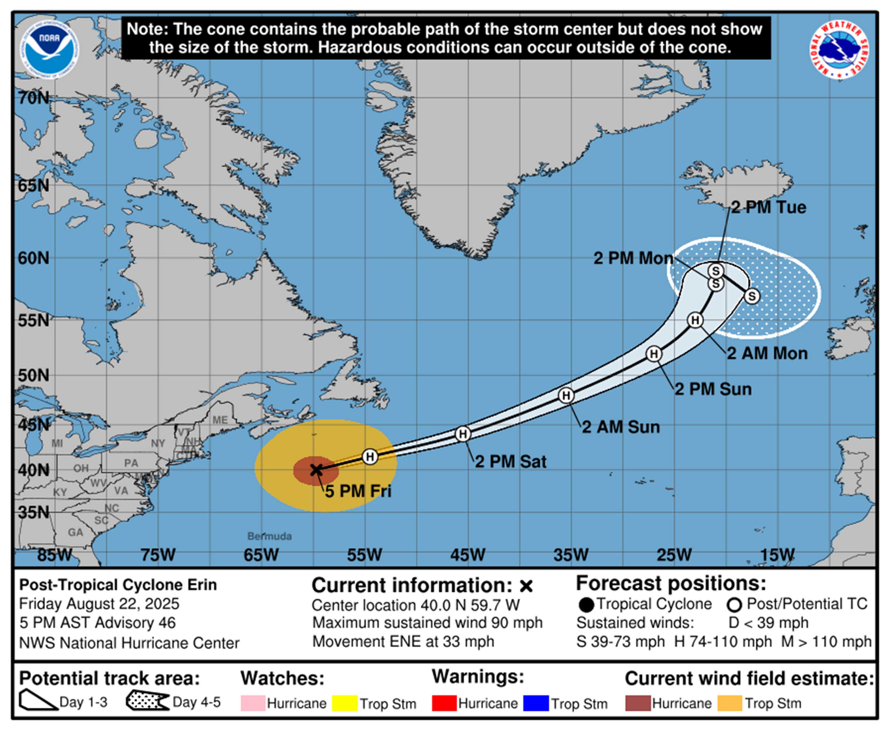 Post Tropical Cyclone's Erin's Forecast Rath a partir de las 5 pm Viernes 22 de agosto de 2025. (NHC)