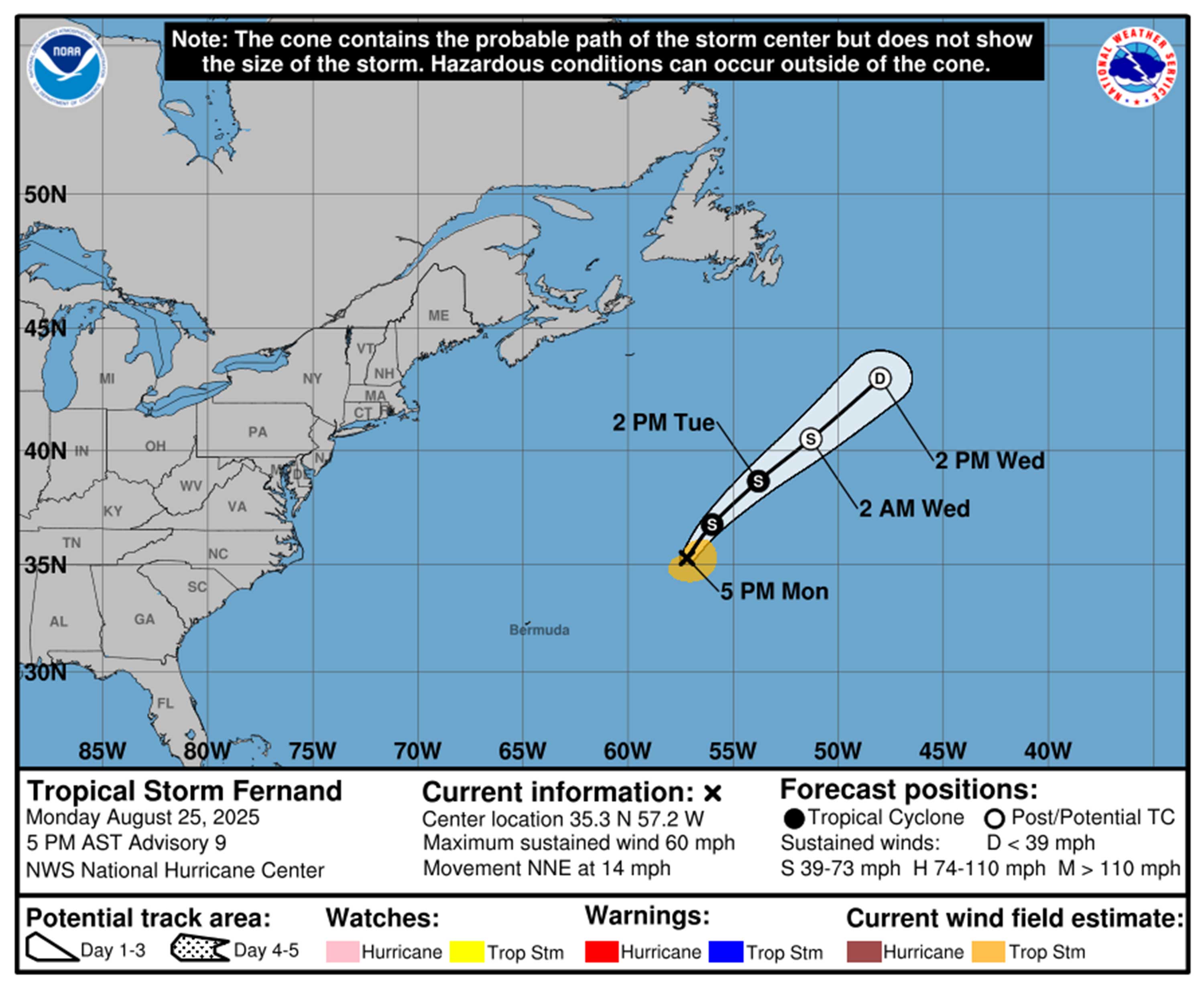 Tormenta tropical de la ruta de pronóstico de Fernand a partir de las 5 de la tarde del lunes 25 de agosto de 2025. (NHC)