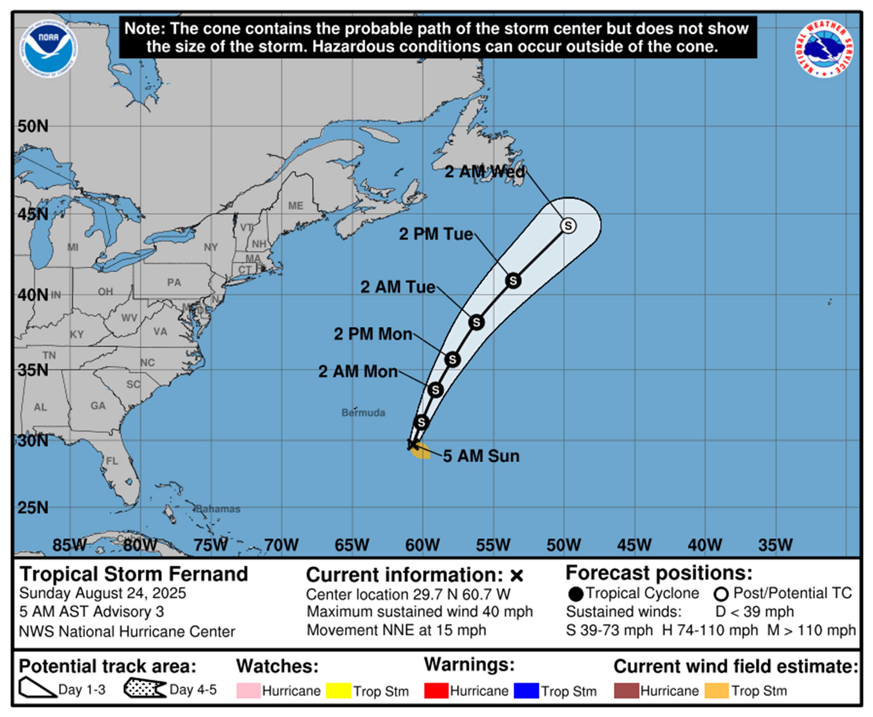 Tormenta tropical de Fernand's Prevast Rath a partir de las 5 am del domingo 24 de agosto de 2025.