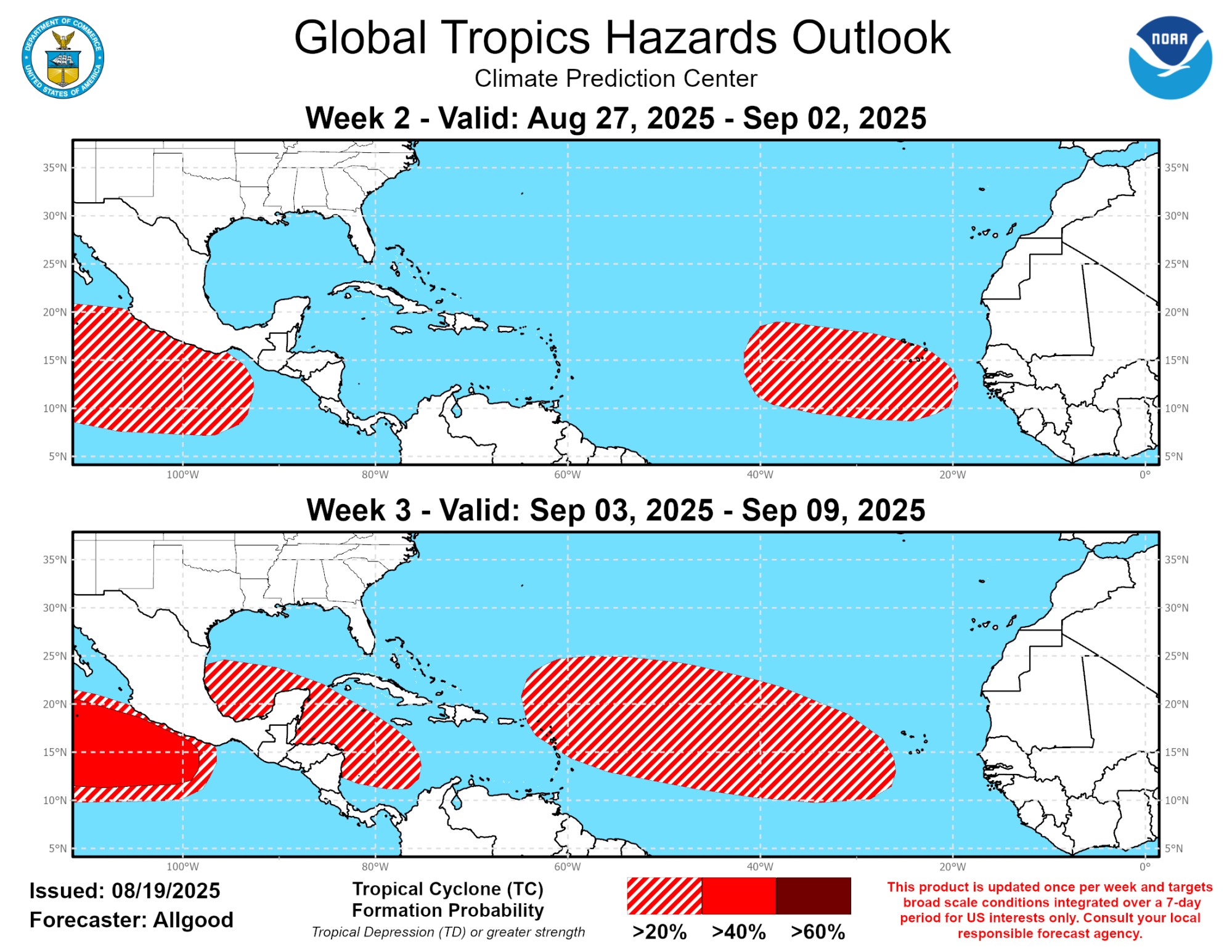 Las perspectivas de riesgos tropicales de NOAA muestran una baja actividad en el Océano Atlántico durante los próximos 14 días. (NOAA/Cortesía)