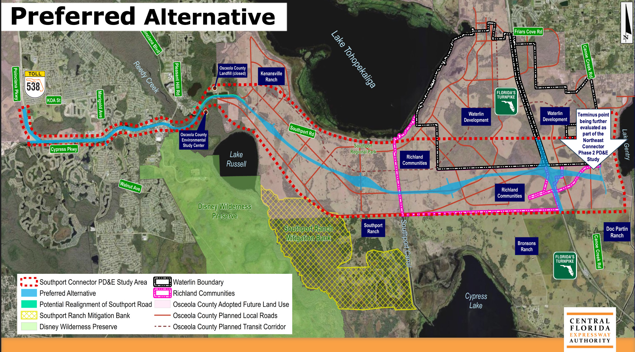 La Autoridad de la Expresión Central de Florida presentó por primera vez su decisión para una ruta alternativa preferida, favorecida entre tres, para el Southport Connector. La autopista de 15 millas en el sur del condado de Osceola se extenderá desde Poinciana Parkway hasta Pleasant Hill Road y continuará hacia el este hasta la autopista de atención de Florida y costará más de $ 2 mil millones. (CFX)