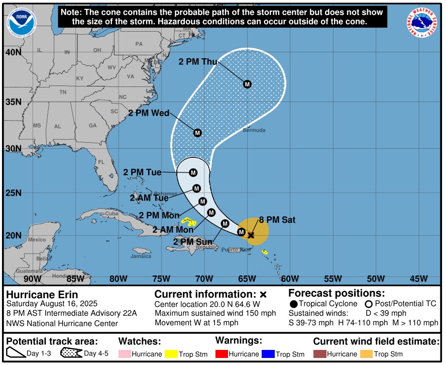 Huracán Erin Cono de incertidumbre a partir de las 8 pm Sábado 16 de agosto de 2025. (NHC)
