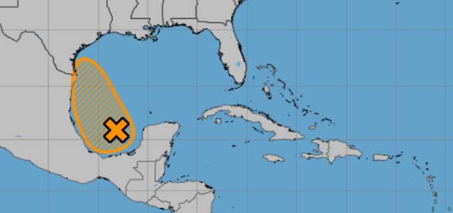 A las 2 de la tarde del jueves 14 de agosto de 2025, un sistema en el Southwestern Gulf tiene un 40% de posibilidades de desarrollar en los próximos dos a siete días, según el National Hurricane Center. (Centro Nacional de Huracanes/Cortesía)