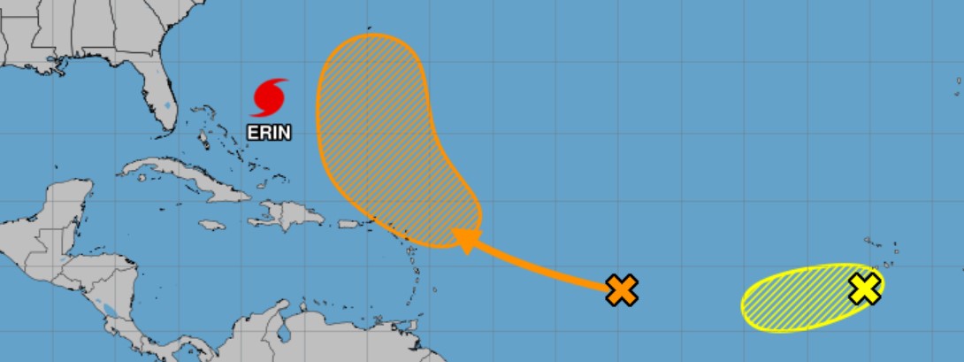 Además del huracán Erin, el Centro Nacional de Huracanes está monitoreando un sistema en el Atlántico Tropical Central y un sistema en el Atlántico Tropical Oriental. (Centro Nacional de Huracanes/Cortesía)