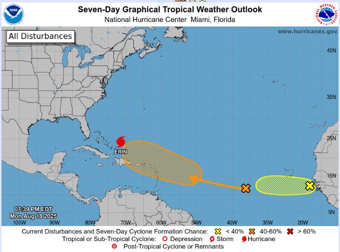 La perspectiva tropical a partir de las 8 pm del lunes 18 de agosto de 2025. (NHC)