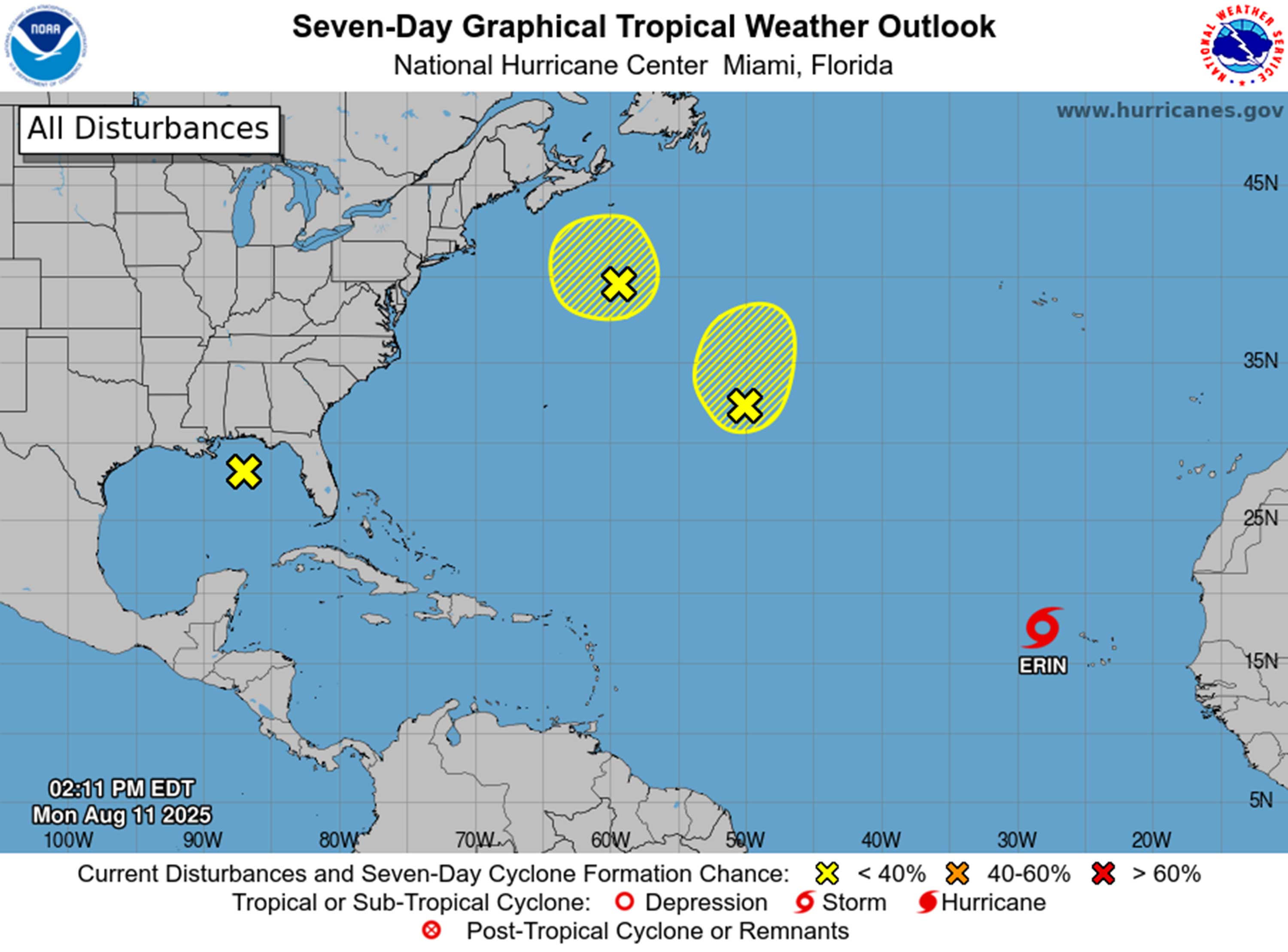 La perspectiva tropical a partir de las 2 pm del lunes 11 de agosto de 2025. (NHC)