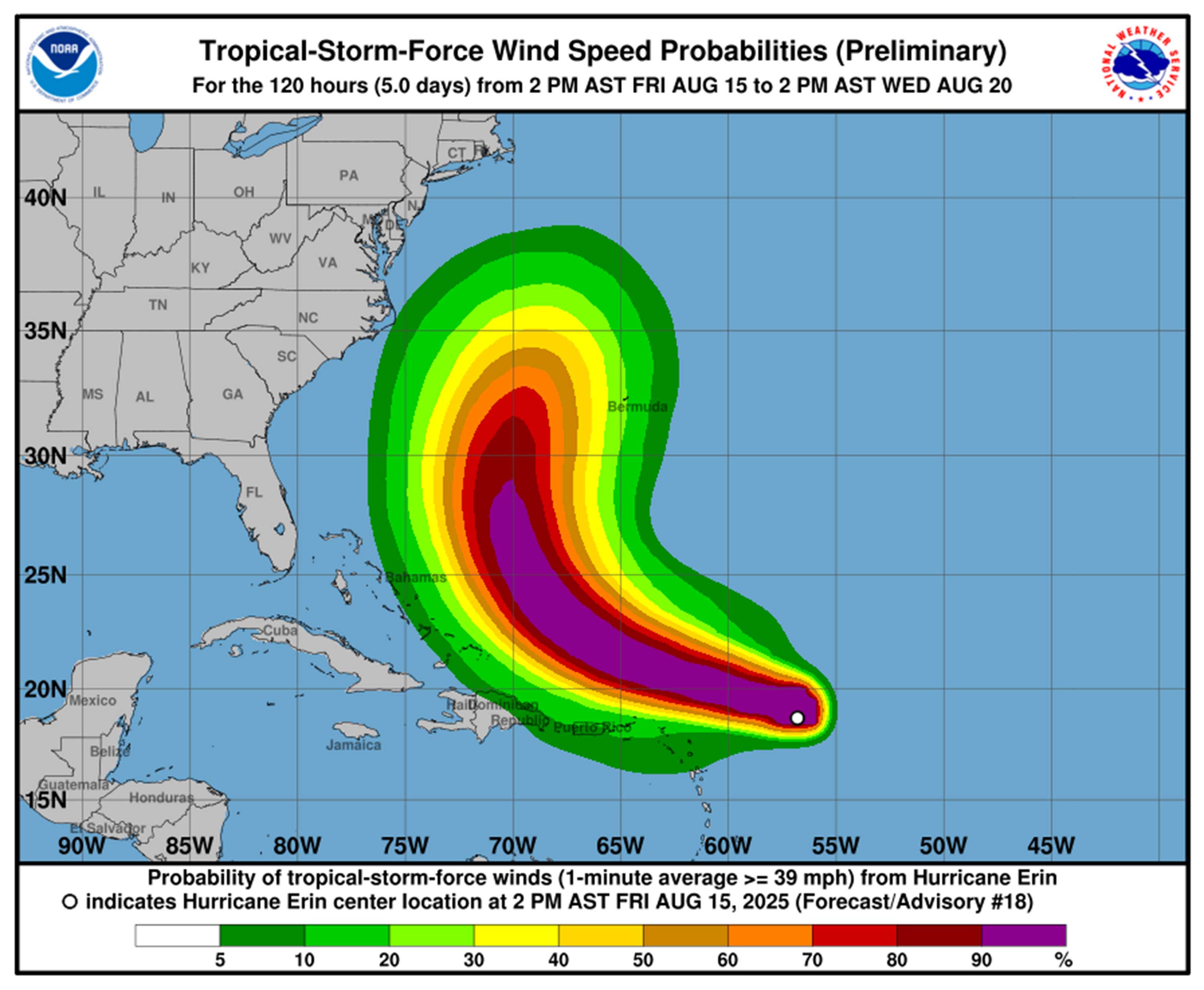 El potencial eólico para la tormenta tropical Erin se proyectó a partir de las 2 pm del viernes 15 de agosto de 2025. (NHC)
